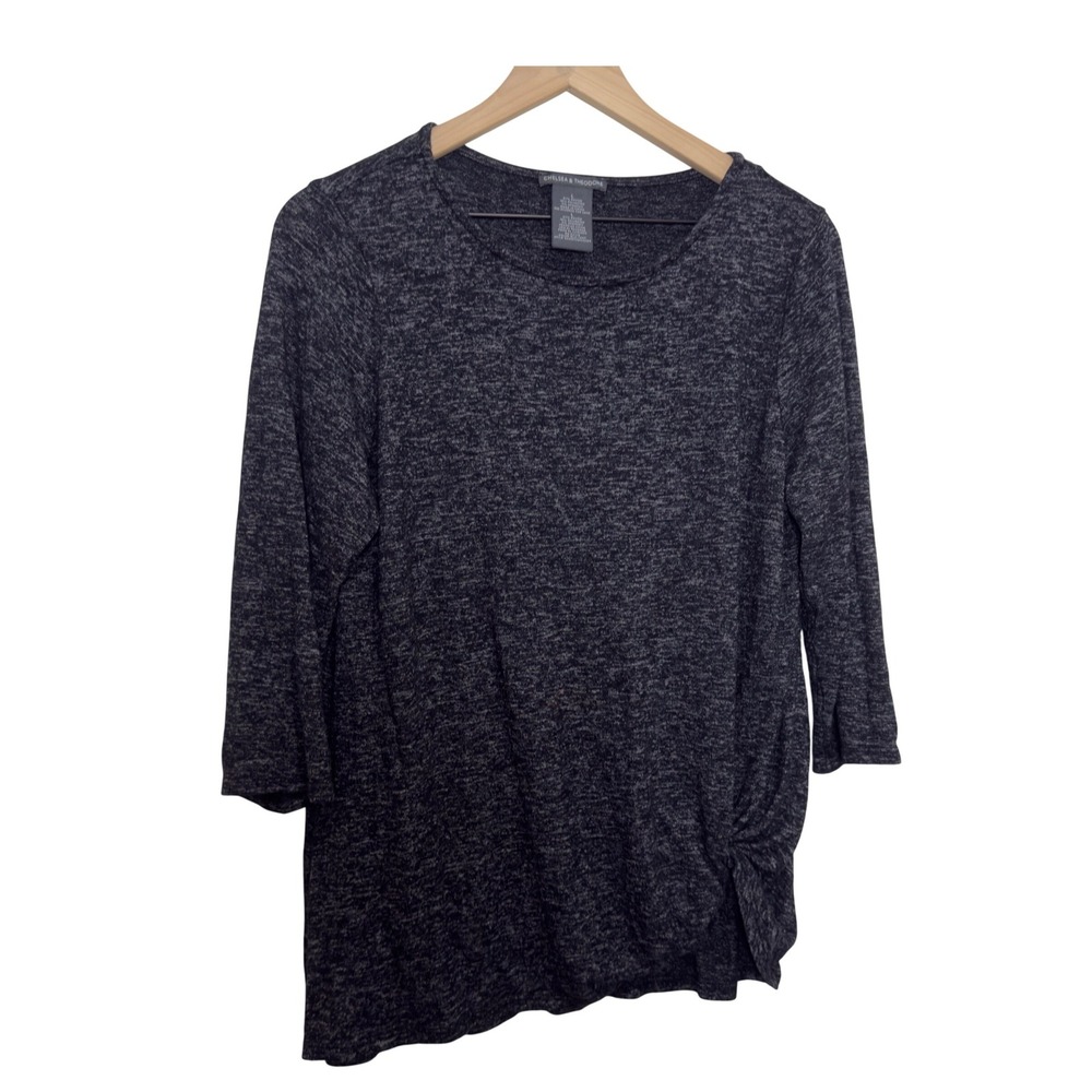 Chelsea &‎ Theodore Space Dye Knit Top Black White Side Knot 3/4 Sleeve